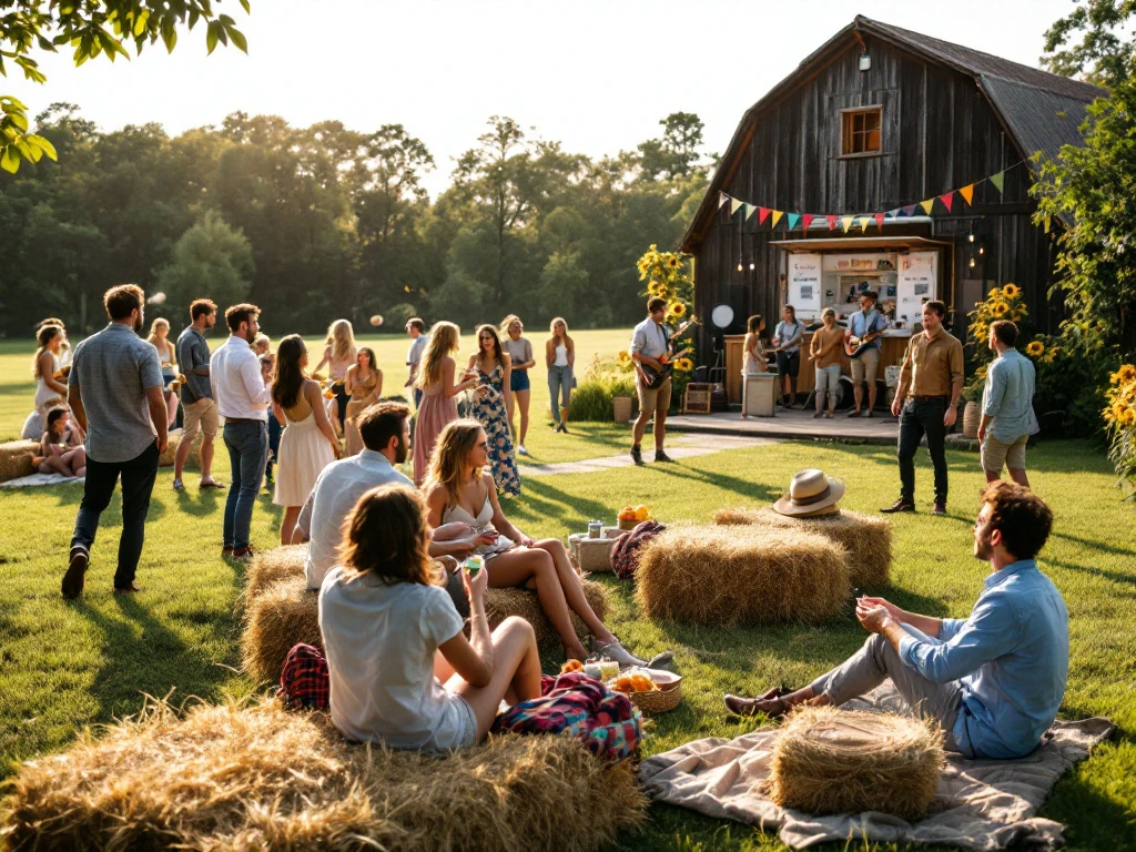A diverse group at a farm venue enjoys a summer party with hay bales, a food truck, live music, and a rustic barn in the background.