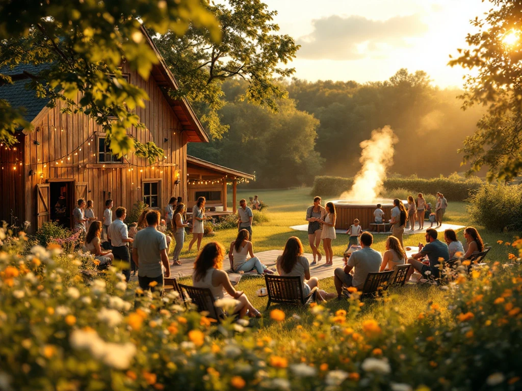 A vibrant summer scene at Rosbacka farm with professionals enjoying team-building, surrounded by greenery, a barn, sauna, and hot tub.