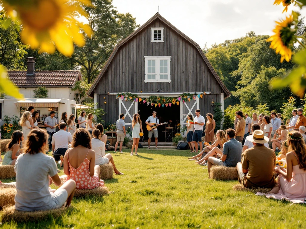 Kesäinen yritystapahtuma Rosbackan tilalla: ammattilaiset nauttivat auringosta, ruoasta ja musiikista maalaismaisemassa.